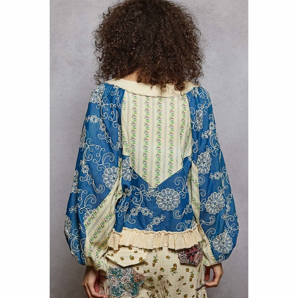 POL OVERSIZED BALLOON SLEEVE WOVEN BLUE RUFFLE TOP! - Picture 5 of 6